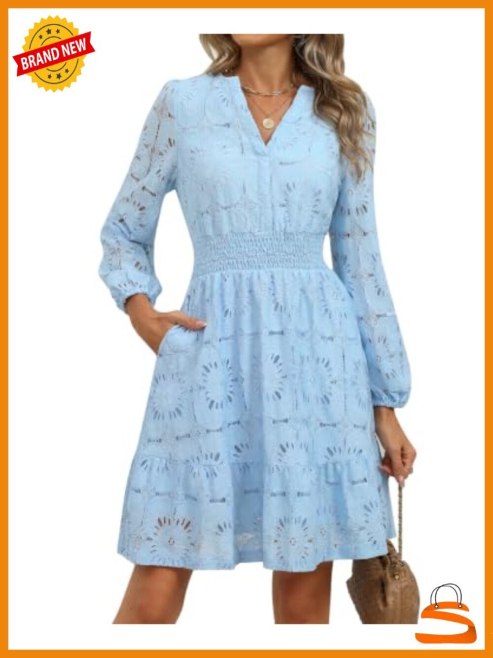 Women Eyelet Lace Floral Mini Dress Puff Sleeve A-Line Pull On